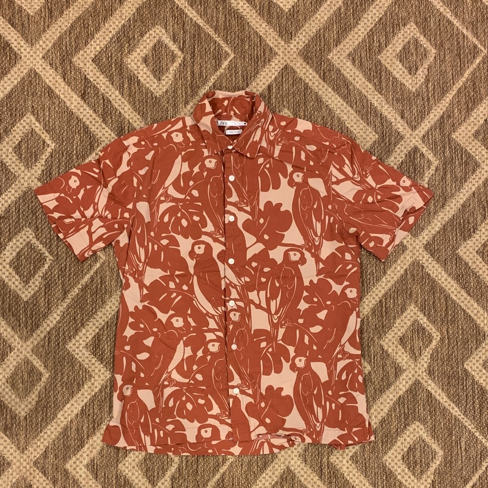 Zara Men's Rust and Beige Patterned Shirt (375)
